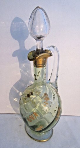 Carafe aiguière Art Nouveau, verre vert émaillé à l'or fin, LEGRAS: Fleurs