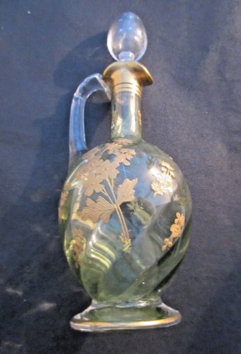 Carafe aiguière Art Nouveau, verre vert émaillé à l'or fin, LEGRAS: Fleurs