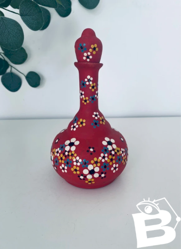 Carafe Bouteille en Terre Cuite Rouge Peinte Main Style Folk Vintage