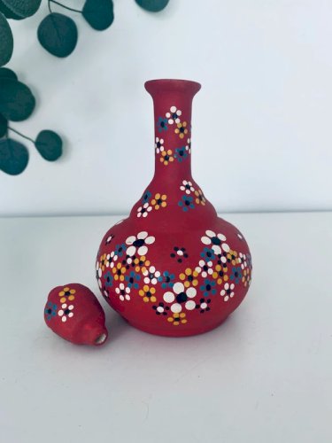 Carafe Bouteille en Terre Cuite Rouge Peinte Main Style Folk Vintage