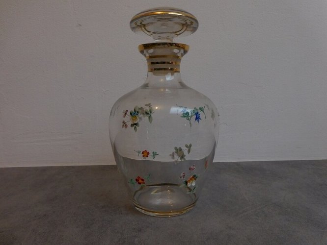 CARAFE EN VERRE DECOR DE FLEURS EN EMAIL AVEC SON BOUCHON