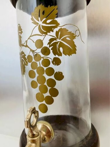 ✨Carafe Fontaine à Vin 38cm Verre et Bois Décoration Grappe Dorée Vintage Bar✨