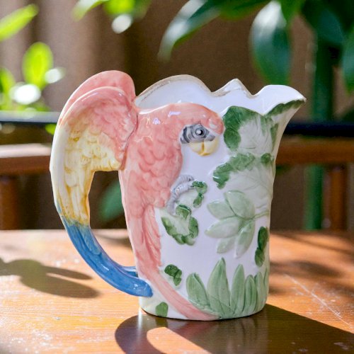 Carafe vintage en barbotine zoomorphe perroquet Ara