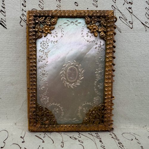 Carnet de bal en nacre et pomponne début XIXe Restauration Charles X M4095