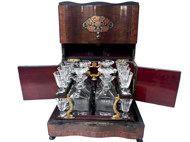 Cave A Liqueur Complète Boulle Coffret Napoléon III Boite Marqueterie XIX Siècle