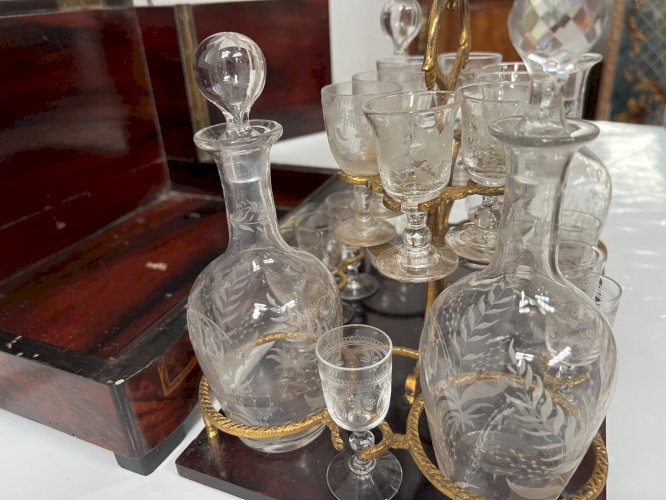 Cave A Liqueur Complète Boulle Coffret Napoléon III Boite Marqueterie XIX Siècle