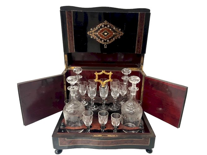 Cave A Liqueur Complète Boulle Coffret Napoléon III Boite Marqueterie XIX Siècle