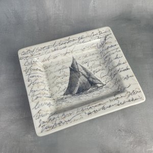 Cendrier vide poche porcelaine décor bateau voilier ~19x16.5cm