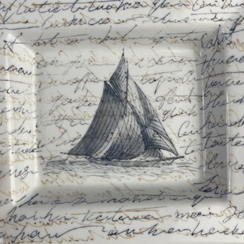 Cendrier vide poche porcelaine décor bateau voilier ~19x16.5cm