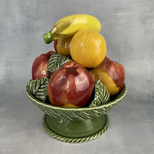 Centre de table corbeille coupe de fruits pomme banane trompe l'oeil barbotine