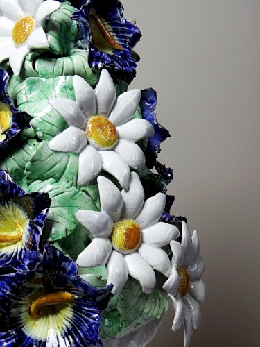Centre de table trompe l'oeil faïence Italienne vintage corbeille de fleurs