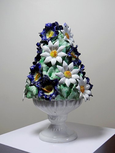 Centre de table trompe l'oeil faïence Italienne vintage corbeille de fleurs