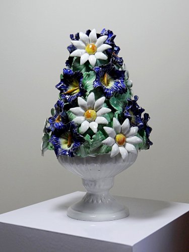 Centre de table trompe l'oeil faïence Italienne vintage corbeille de fleurs