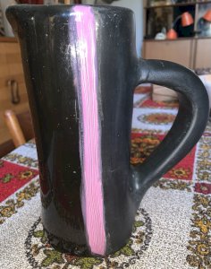 Brutalist ceramic two-tone pitcher 1950s signed with an unidentifiable monogram.