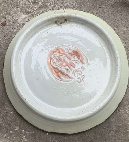 Céramique cynégétique sgraffito émaillé daté 1952 signé belle estampille canidé