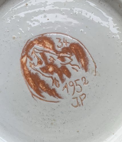 Céramique cynégétique sgraffito émaillé daté 1952 signé belle estampille canidé