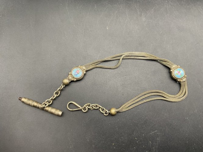 Chaine de Montre CHATELAINE en Argent et Email avec clé XIXème