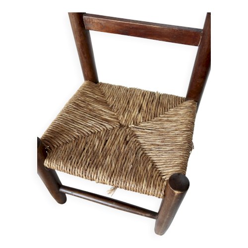 Chaise enfant vintage en bois foncé et assise en paille tressée