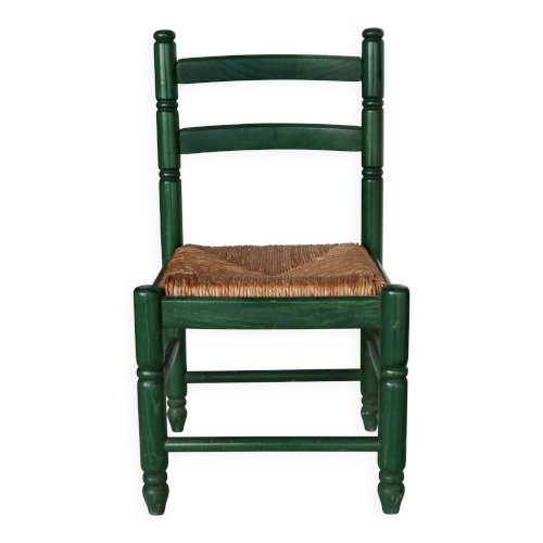 Chaise enfant vintage en bois vert et assise en paille tressée