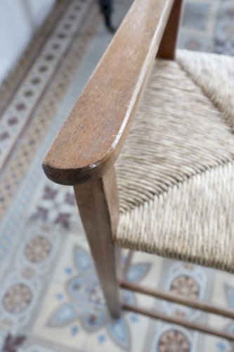 Chaise haute enfant vintage en bois et assise paillée