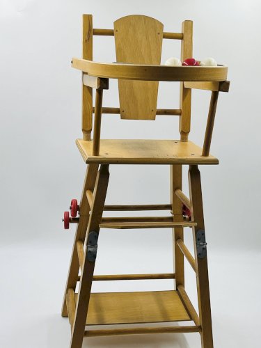 Chaise haute poupée vintage en bois transformable trotteur
