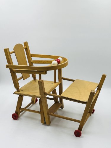 Chaise haute poupée vintage en bois transformable trotteur