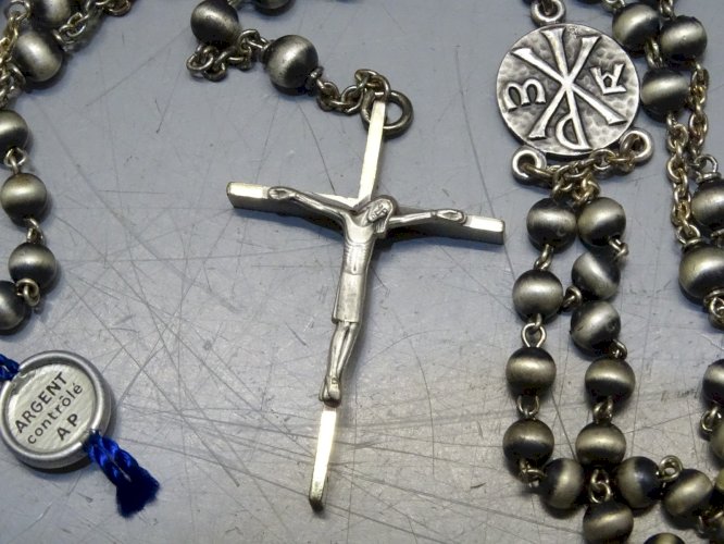 -CHAPELET ANCIEN ARGENT massif NEUF poinçon crabe & orfèvre RELIGION CHRIST