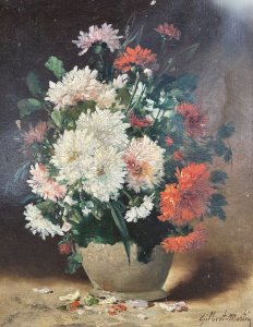 Charles Gilbert - Martin : Huile sur toile bouquet de fleurs XIXeme.