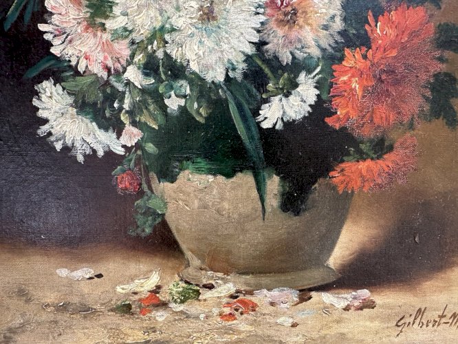 Charles Gilbert - Martin : Huile sur toile bouquet de fleurs XIXeme.