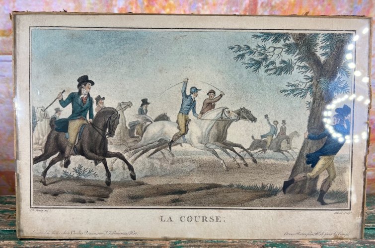 Charles Vernet – La Course – Gravure ancienne XIXe – Scène équestre – Darcis