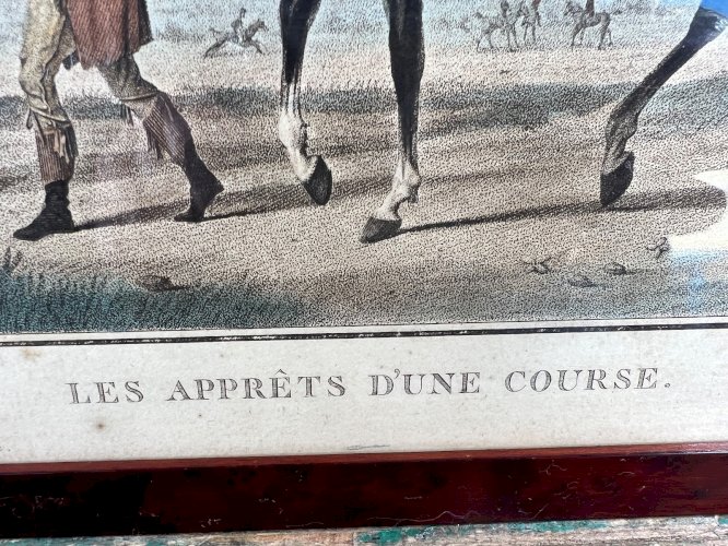 Charles Vernet – Les apprêts d’une course – Gravure ancienne XIXe – Équitation