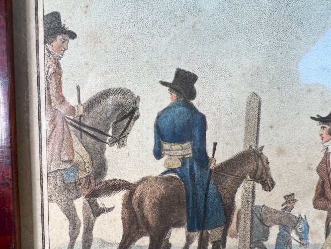 Charles Vernet – Les apprêts d’une course – Gravure ancienne XIXe – Équitation
