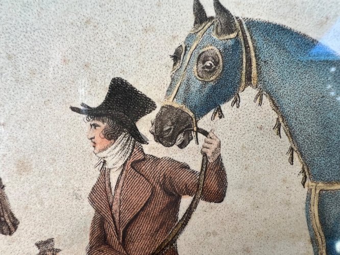 Charles Vernet – Les apprêts d’une course – Gravure ancienne XIXe – Équitation