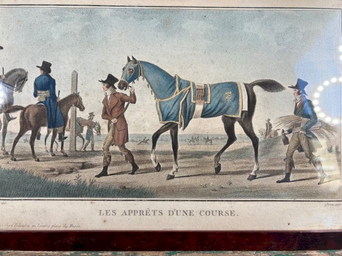 Charles Vernet – Les apprêts d’une course – Gravure ancienne XIXe – Équitation