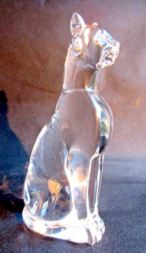 Chat assis sur son derrière, cristal massif incolore statuette figurine Baccarat
