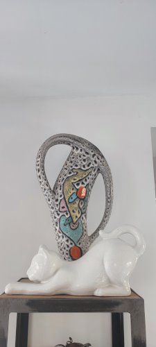 Chat en céramique craquelée vintage 30 cm