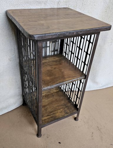 Chevet - guéridon en fer forgé et teck