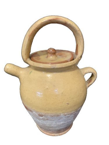 chevrette gargoulette cruche terre vernisée jaune art populaire numérotée 2