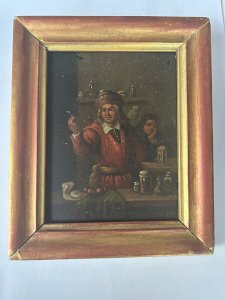 Chez l’alchimiste : huile sur plaque de cuivre. XIX eme siècle 