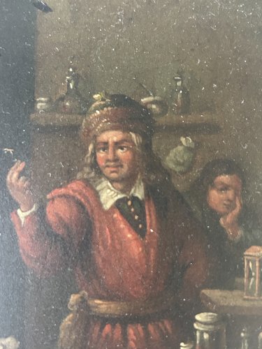 Chez l’alchimiste : huile sur plaque de cuivre. XIX eme siècle 