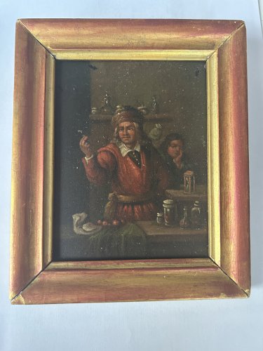 Chez l’alchimiste : huile sur plaque de cuivre. XIX eme siècle 