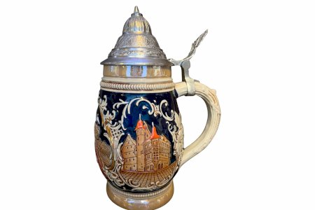 Chope à bière allemande en céramique – Décor ville médiévale – Couvercle étain