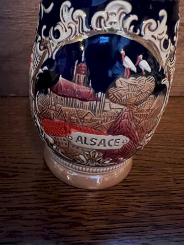 Chope à bière allemande en céramique – Décor ville médiévale – Couvercle étain