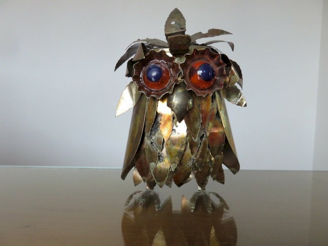 CHOUETTE, HIBOU BRUTALISTE EN TOLE DORE STYLE CURTIS JERE ANNEES 60 70
