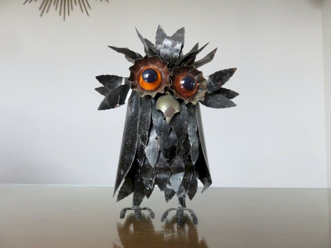CHOUETTE, HIBOU BRUTALISTE EN TOLE NOIRCIE STYLE CURTIS JERE ANNEES 60 70