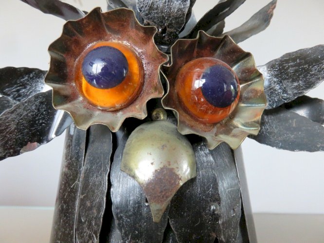 CHOUETTE, HIBOU BRUTALISTE EN TOLE NOIRCIE STYLE CURTIS JERE ANNEES 60 70