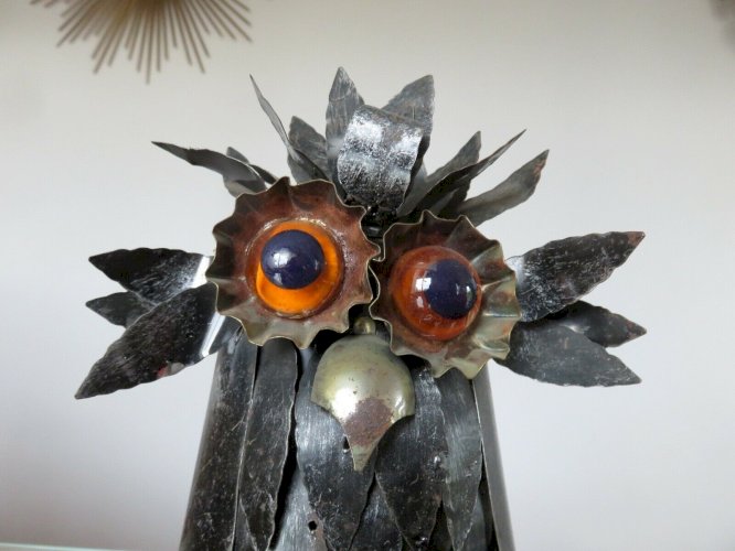 CHOUETTE, HIBOU BRUTALISTE EN TOLE NOIRCIE STYLE CURTIS JERE ANNEES 60 70