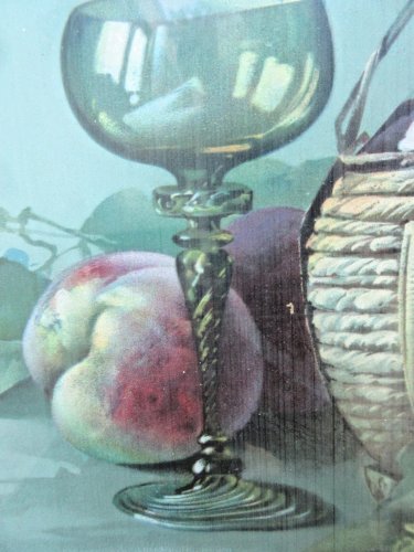 Chromo gravure 1900, cadre bois sculpté, vitré: Nature morte et roses jaunes
