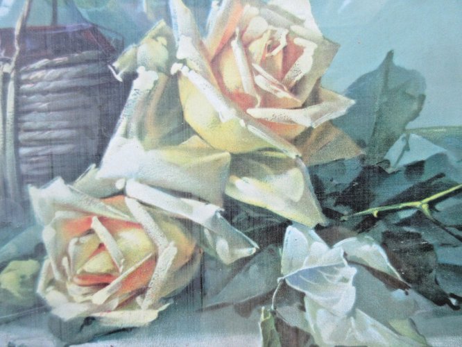 Chromo gravure 1900, cadre bois sculpté, vitré: Nature morte et roses jaunes