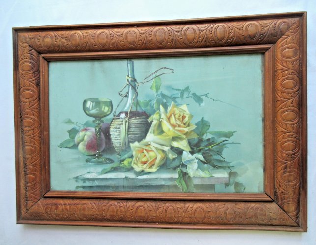 Chromo gravure 1900, cadre bois sculpté, vitré: Nature morte et roses jaunes